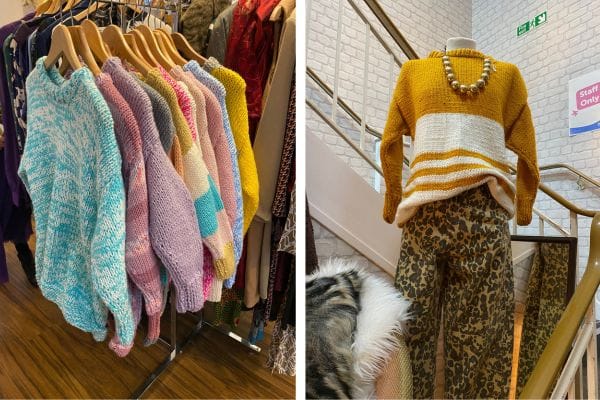 Two photos of Sindy's jumpers. Assorted colourful jumpers on a shop rail and a yellow and white jumper on a display model.