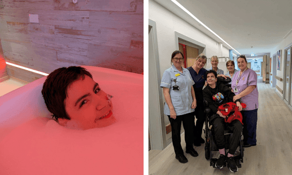 Tyler enjoying a bath in Martlets' accessible bath suite. And with nursing staff from Martlets and Chestnut Tree House