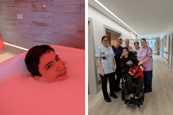 Tyler enjoying a bath in Martlets' accessible bath suite. And with nursing staff from Martlets and Chestnut Tree House