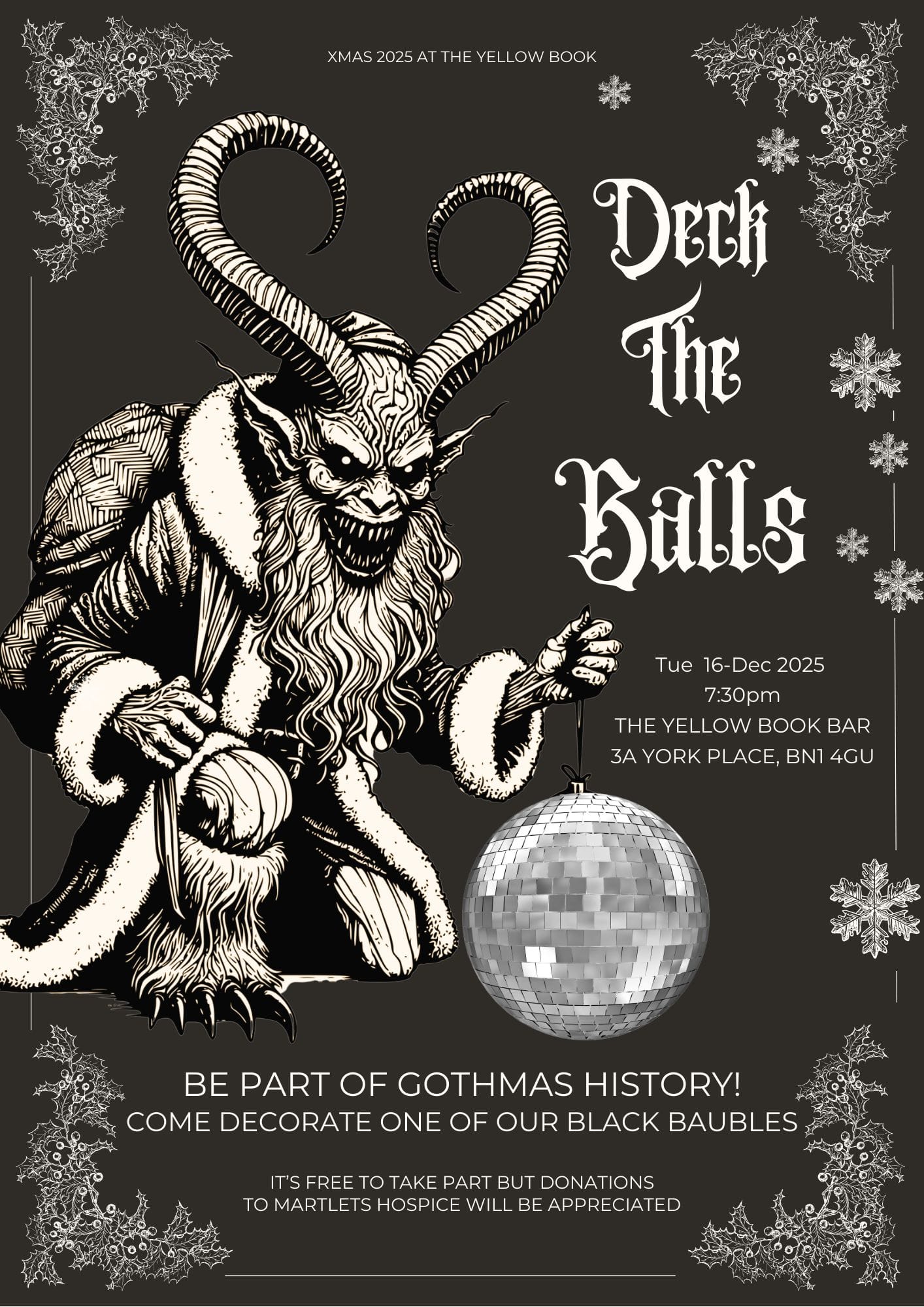 Poster for Deck the Ball at the Yellow Book bar, with an illustration of the Krampus holding a disco ball