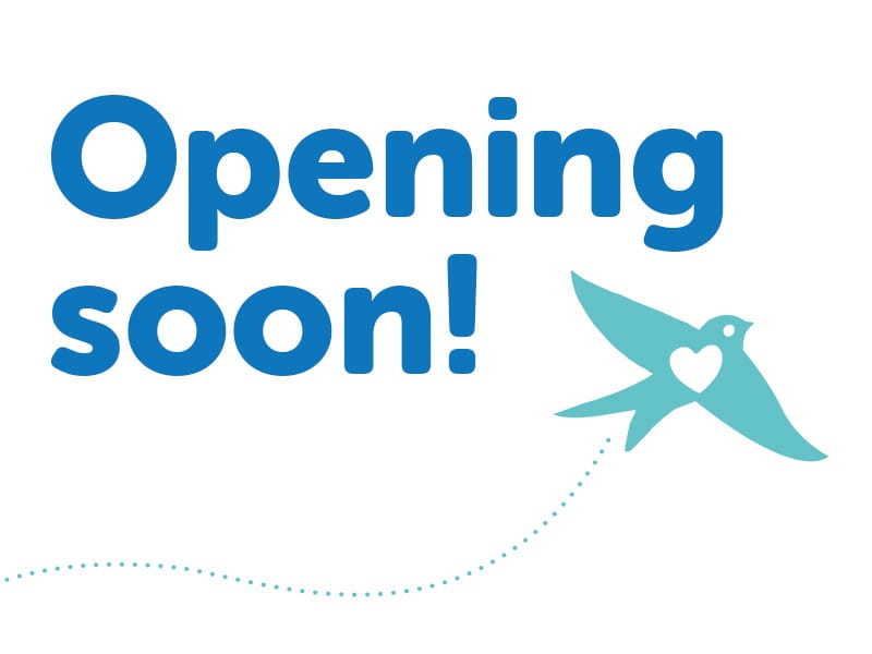 text reading "opening soon" with green martlet bird flying past