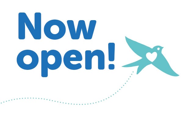 text reads "now open" with illustration of green bird in flight