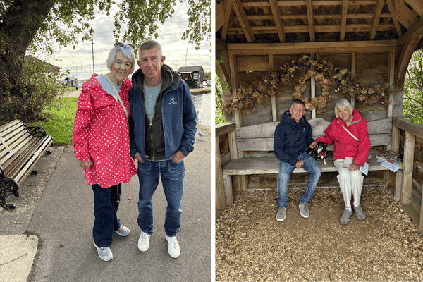Annie, 88, grey hair, in a pink anorak, and Victor in jeans and a blue jacket. In hte second photo of two, Dixie the dog, a small terrier, sits between them on a bench.