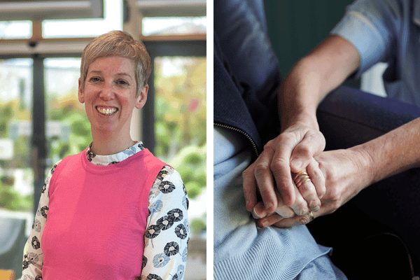 Women with short blonde hair wearing a pink dress and smiling