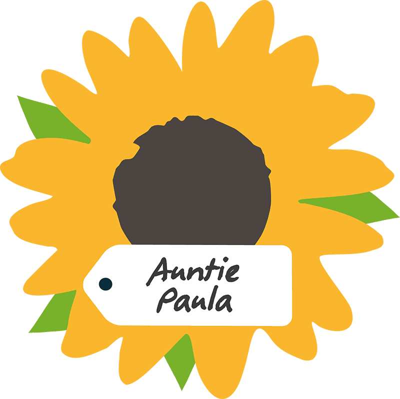 A design for a window cling that can be dedicated to a loved one. A large yellow sunflower illustration with a name tag in the bottom centre reading "Auntie Paula"