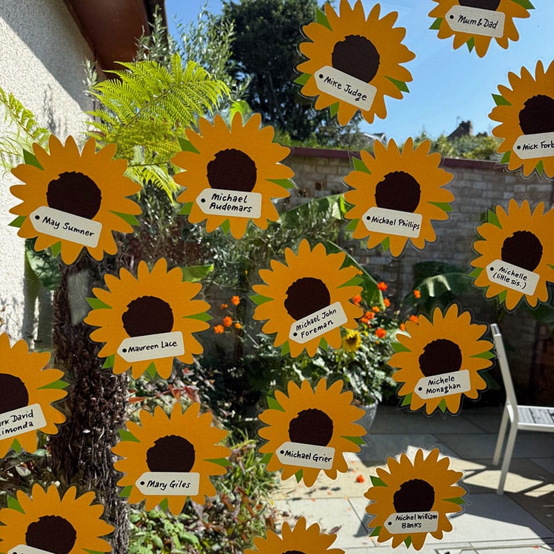 sunflower window stickers with loved ones' names on the window of the Sanctuary at Martlets, looking into the sunny courtyard
