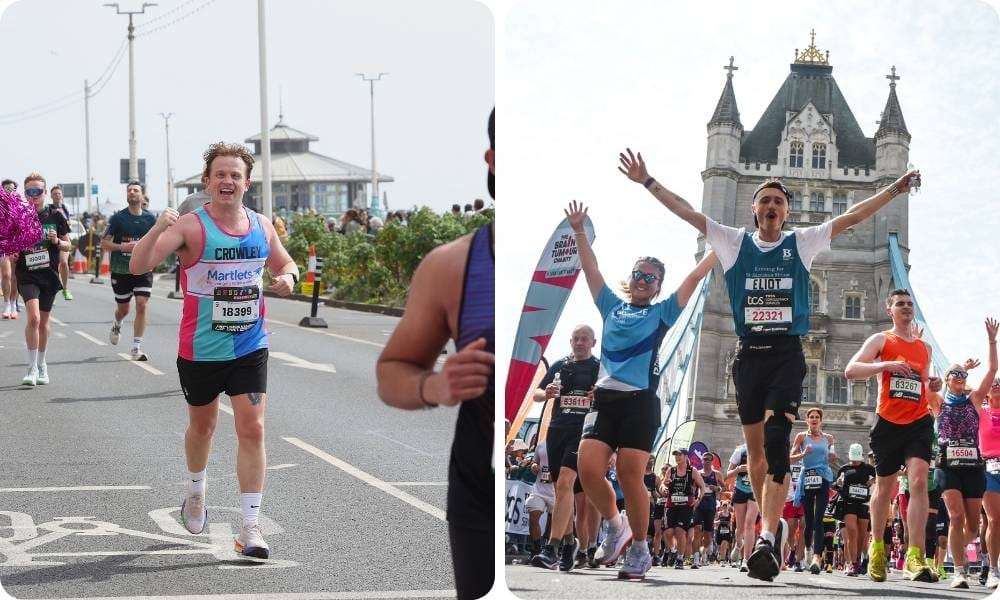 Two images: a man runs the Brighton Marathon and a second image shows a portrait of a man with his mum