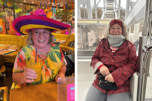 Two pphotos of JAnet. In one she's wearing a colourful Mexican hat and in hte other she's wearing a red coat. She's smiling and happy in both.