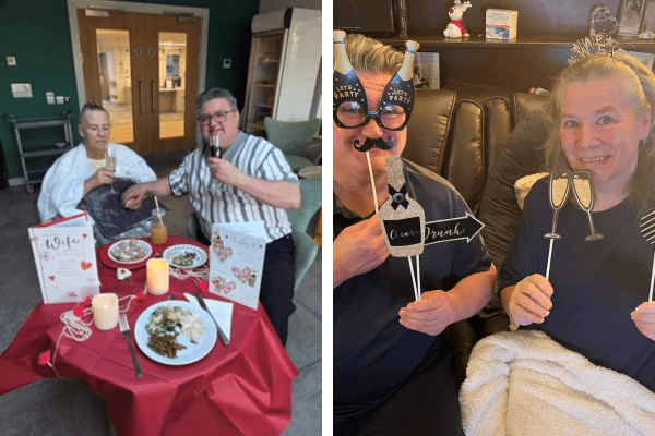 Two photos of Janet and Graham sitting together celebrating wedding anniversaries