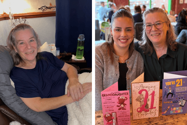 Two photos - on of Jan sitting on her own; one of her sitting with her granddaughter with birthday cards in front of them.