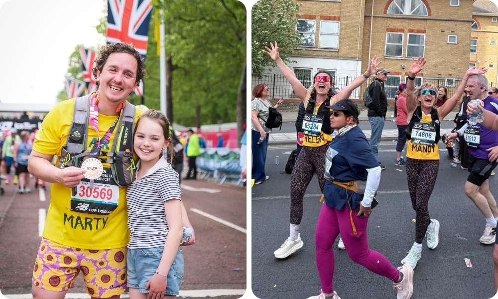 Two images: a man stands with his daughter at the end of a marathon. Right, two women wave at the camera running.