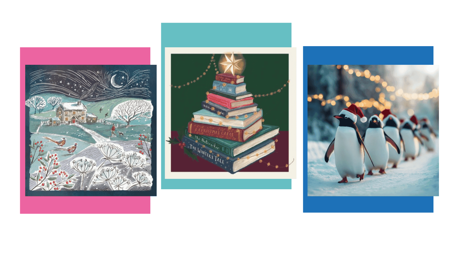 three charity christmas cards - an illustration of a snowy winter countryside scene, a stack of books shaped like a christmas tree and a line of penguins marching wearing christmas hats