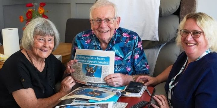 Angela, Colin and Julie look at press coverage of Colin's skydive