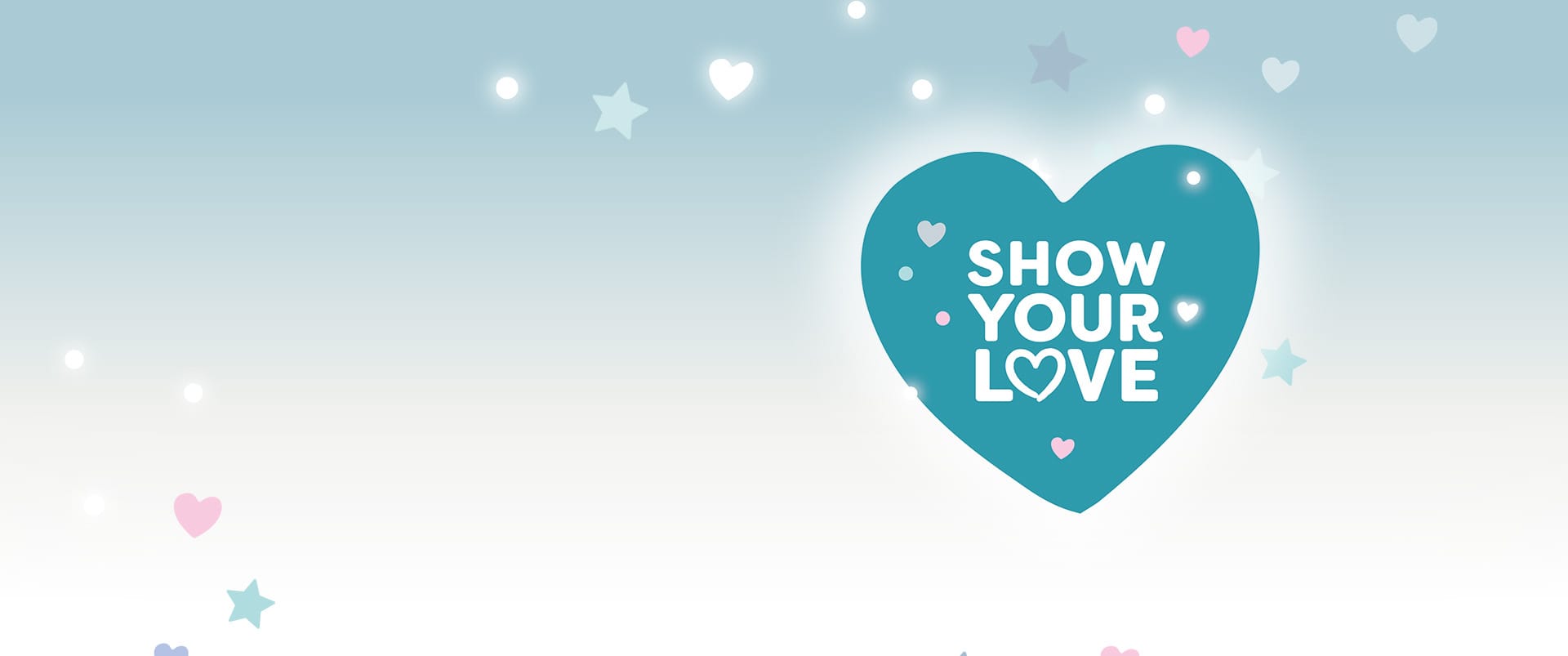"Show your love" logo in a blue heart, surrounded by multicoloured starsr and hearts