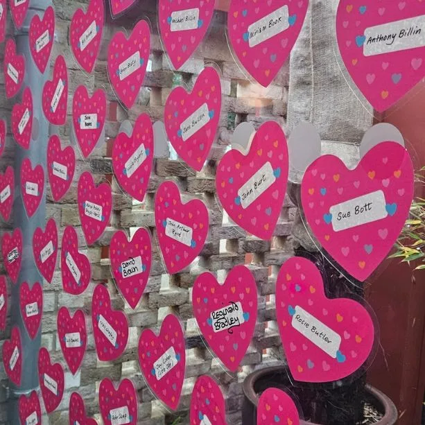 Heart window stickers on the window in the sanctuary at martlets