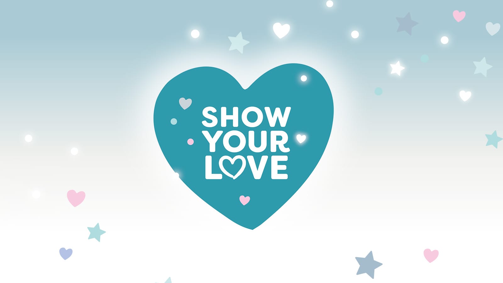 "Show your love" logo in a blue heart, surrounded by multicoloured starsr and hearts